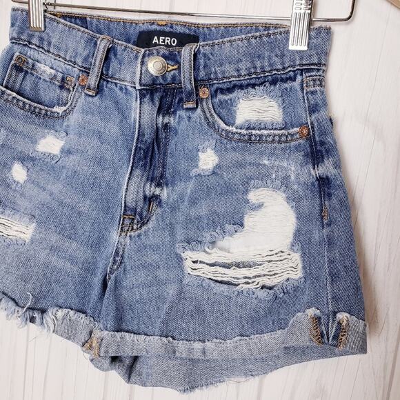 Aero Mom‎ Short Denim High Rise Distressed Shorts Blue Size 0 - Picture 3 of 8